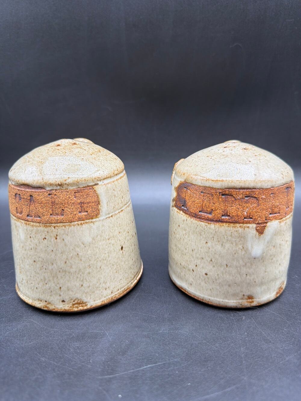 Signed Benitta Pauly 1982 Studio Pottery Salt Pepper Shakers 5" Stoneware Set